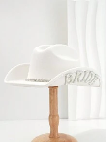 1PC Women's White Solid Color Shiny Wide-Brimmed Cowboy Hat. 2024 Wedding Essentials,Unique Luxurious Crystal Square Small Bright Diamond Colored Gemstone Paired Eye Shape With Faux Pearl Letter 'BRIDE' Bridal Hat.