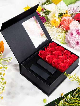 1 件浪漫人造玫瑰 12 件鲜花礼盒，配礼品袋，珠宝包装盒，用于项链、手链、戒指，适合情人节、母亲节、生日和结婚纪念日（不含项链），