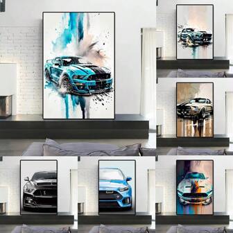 1 pezzo cartellone d'arte murale non incorniciato, pittura su tela della Mustang GT500 automobili sportiva, graffiti, stampa di supercars da corsa ad acquerello, decorazione da parete lussuosa per la stanza