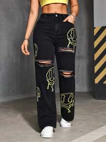 Damskie jeansy casualowe w stylu ulicznym z nadrukiem i przetarciami