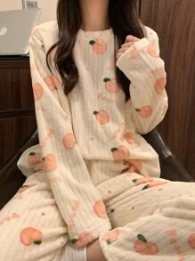 2pcs Winter Coral Fleece Top & Pants Fluffy Pajama Set, Warm Sleepwear Set, Fresh Fruit Print Lounge Set,Two Pieces Set, Fall Winter Clothes