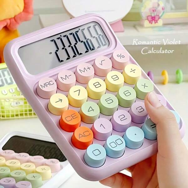 Calculadora mecánica Pantalla LCD Grande de 12 dígitos Botón Redondo Grande Calculadora Linda de Color Caramelo Adecuada para Oficina, Escuela, hogar para niños, Estudiantes, Contador - Blanco