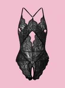 Deep V Lace Backless Bodysuit, Crotchless Open Bra Erotic Lingerie & Underpants, Women's Sexy Clothing - màu đen - Xem 9