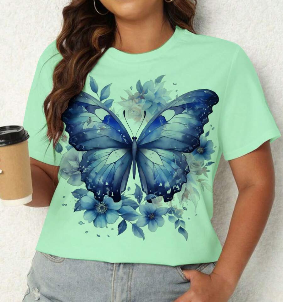 Women's Basic Blue Floral Butterfly Print T-Shirt Blouse, Delicate Plus Size Blouse - màu xanh lá - Xem 1