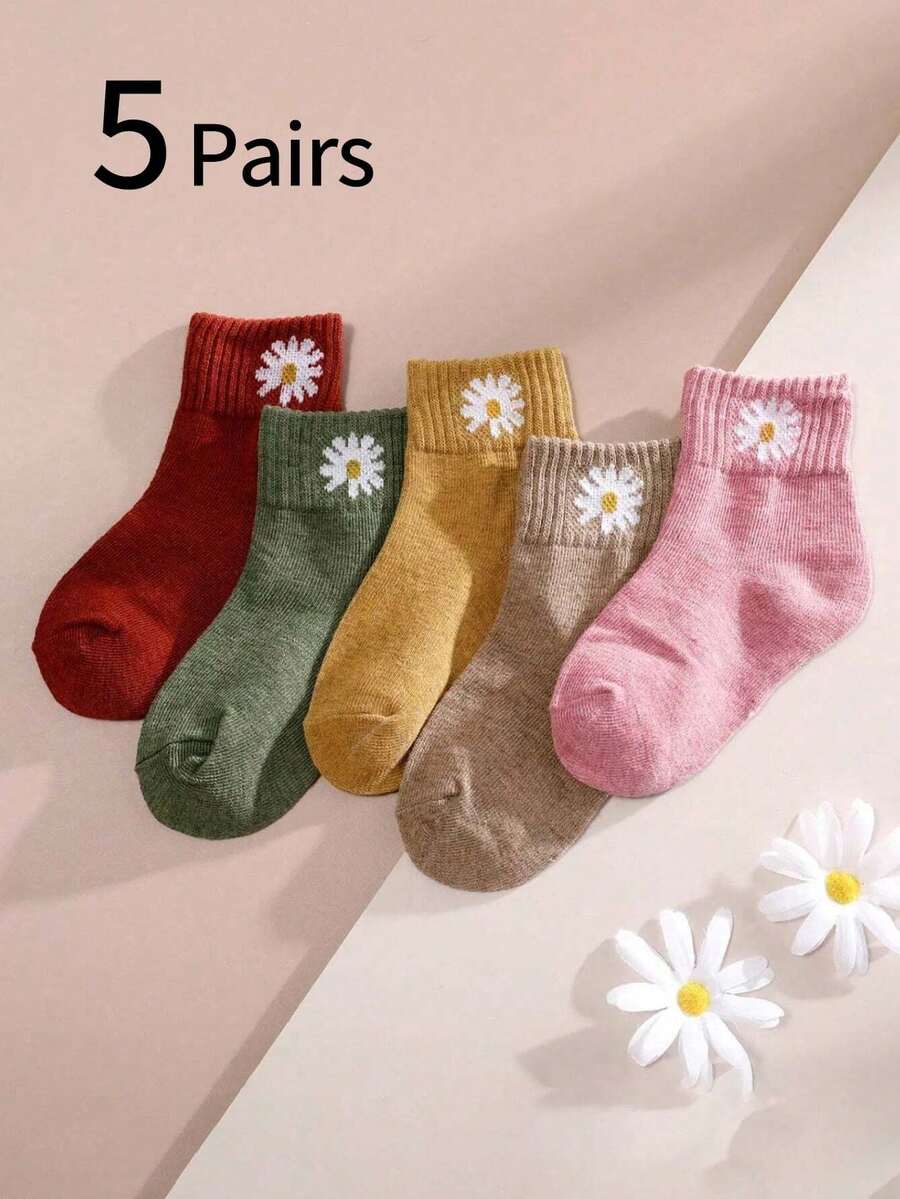 5 đôi tất trẻ em màu trơn in họa tiết hoa cúc, phù hợp cho mọi mùa - Nhiều màu - Xem 1