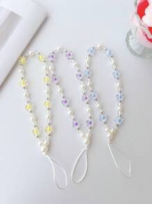 1pc Flower & Pearl Decorated Silver Ring Phone Lanyard, Universal Key/Earphone Case Holder Gifts For Mother, Family, Friends, Birthday, Holiday Phone Charm, Phone Chain