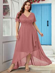 Große Größen Kleid im V-Ausschnitt mit kontrastierendem floralem Spitzenbesatz, Chiffon Wickelsaum, Formelles Kleid, Party Kleid, Hochzeitsgast Kleid, Abendkleid, Abendrobe