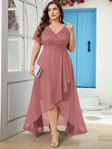 Große Größen Kleid im V-Ausschnitt mit kontrastierendem floralem Spitzenbesatz, Chiffon Wickelsaum, Formelles Kleid, Party Kleid, Hochzeitsgast Kleid, Abendkleid, Abendrobe