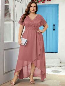 Große Größen Kleid im V-Ausschnitt mit kontrastierendem floralem Spitzenbesatz, Chiffon Wickelsaum, Formelles Kleid, Party Kleid, Hochzeitsgast Kleid, Abendkleid, Abendrobe