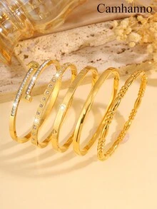 Camhanno 1/2/3/4/5 Chiếc Vòng Tay Bằng Thép Không Gỉ Vàng Sang Trọng Và Thanh Lịch, Nhiều Kiểu Vòng Tay Đơn/Kết Hợp, Tay Nghề Thủ Công Tinh Tế, Trình Bày Hoàn Hảo, Thích Hợp Để Đeo Hàng Ngày, Đeo Đi Tiệc - Vàng - Xem 2