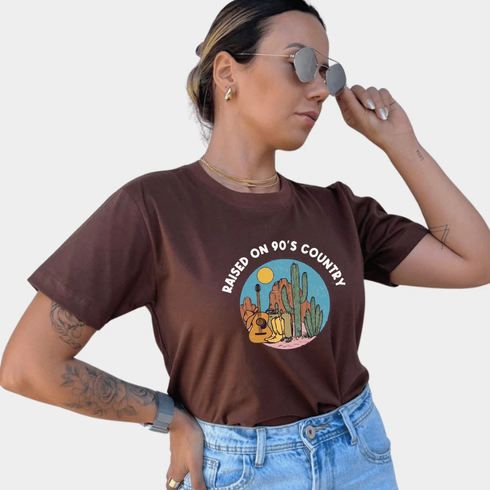 Women's T-Shirt, Blouse, Country Raise On, 90s, Guitar, Retro Sertão Boots - Rỉ Nâu - Xem 1