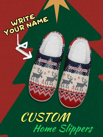 Men's Custom Name Christmas Slippers, Reindeer Pixel Style Designed Lightweight Comfortable Soft Bottom Slippers For Man, Personalized Fun Christmas Gift For Mom/Dad/Her/Him/Girlfriend/Boyfriend/Wife/Husband/Friend