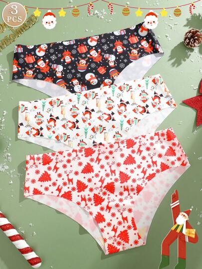 3pcs Women's Snowflake, Snowman, Reindeer, Santa Claus Gift Print Seamless Briefs, Women's Underwear For Christmas Gift And Everyday Matching