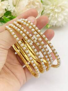 1 set/Múltiple Pulsera de tenis con banda elástica y perlas falsas, color dorado 3MM