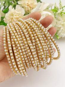 1 set/Múltiple Pulsera de tenis con banda elástica y perlas falsas, color dorado 3MM