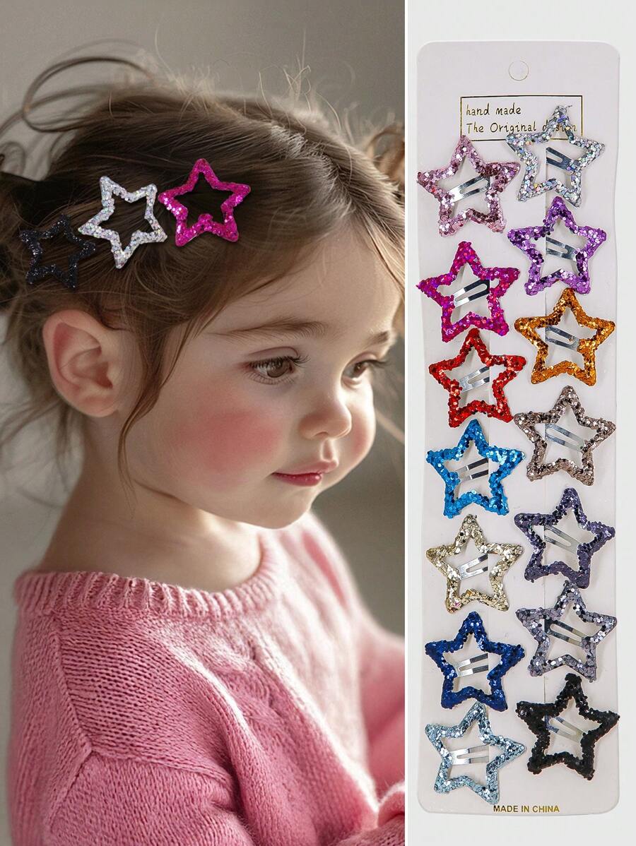 25pcs/Pack Colorful Sequins Star Design Hair Clips For Girls, Random Colors, Cute Princess Hair Accessories For Daily Use - Multicolor - View 1