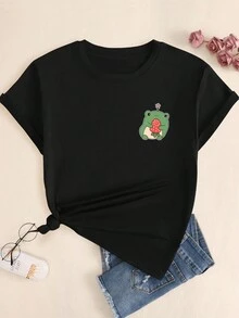 Cute Frog And Strawberry Printed T-Shirt Women's Fashion Babylook Comfort Casual Printed Short Sleeve Blouse - 所以 - 查看 2