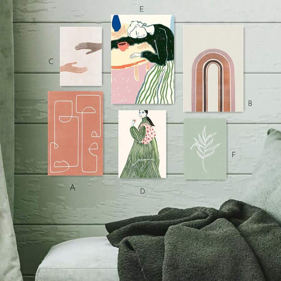 1 bức tranh sơn dầu trừu tượng phong cảnh, áp phích hình học cô gái sọc, áp phích cây dây leo vòng lá đơn giản của Scandinavia, trang trí lý tưởng cho phòng ngủ và phòng khách, trang trí nhà cửa, trang trí phòng, không có khung - Nhiều màu - Xem 1