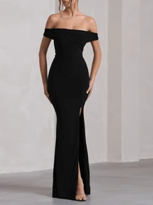 WOWDARK Summer Off Shoulder Slit Fishtail Hem Party Dress, Elegant Black Fashion Dress For Women - Black - View 4