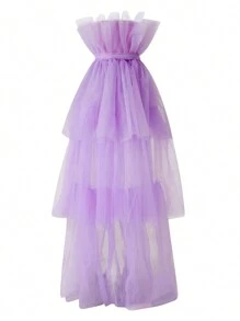 Women's Strapless Tulle High-Low Dress  Solid Color Tiered Cocktail Party Prom Gown  Elegant Evening Wear - Màu tím - Xem 7
