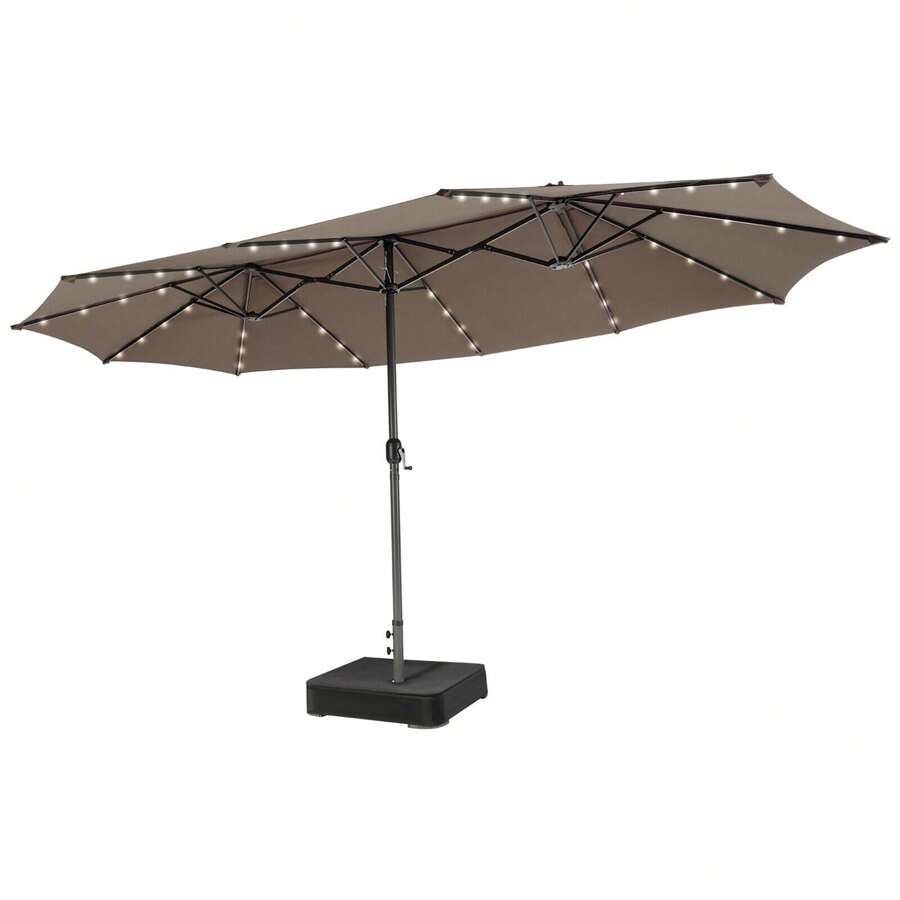 Homasis Outdoor 15' Double-Sided Patio Umbrella 48 Solar LED Lights Crank & Base - Coffee Brown - View 1