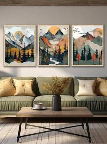 1/3pcs Frameless Canvas Poster, Modern Art, Mountains, Forests, Sun, White Clouds, Birds, Natural Scenery, Bohemian Art Oil Painting Poster, Bedroom, Living Room, Dining Room, Kitchen, Study, Bathroom, Corridor, Bar, Coffee Shop, Dormitory Decoration, Ideal Gift For Winter, Wall Art, Wall Decoration, Home Decor, Room Decoration Canvas Painting Gifts Birthday Graduation