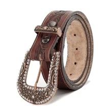 Women's Country Belt Handmade Leather Cowgirl Stonework Printed Feather Buckle Large Rhinestone - 紫紅色 - 查看 2