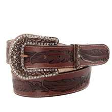 Women's Country Belt Handmade Leather Cowgirl Stonework Printed Feather Buckle Large Rhinestone - 紫紅色 - 查看 3