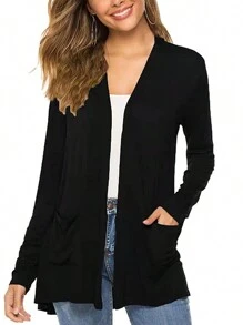 Women Long Sleeve Knitted Tops Front Open Loose Casual Knitwear Cardigan Shirts Blouse With Pockets - Black - View 1