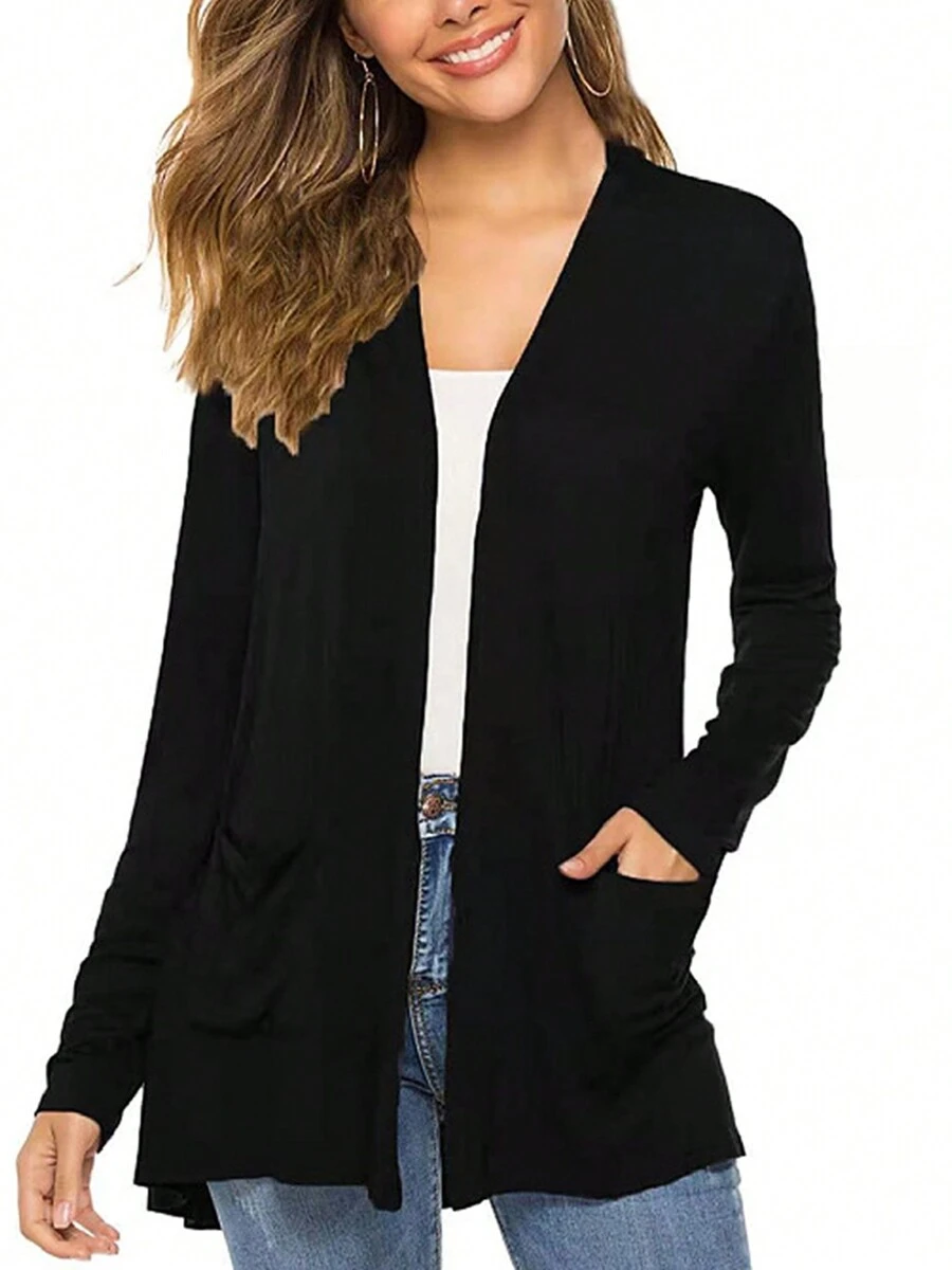 Women Long Sleeve Knitted Tops Front Open Loose Casual Knitwear Cardigan Shirts Blouse With Pockets - Black - View 1