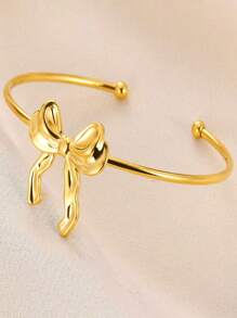 1 件不锈钢蝴蝶结手链，简约设计，优雅高品质个性化女士手镯，时尚钛钢蝴蝶结耳环项链戒指 - 蝴蝶結鋼色手鐲 - 查看 13