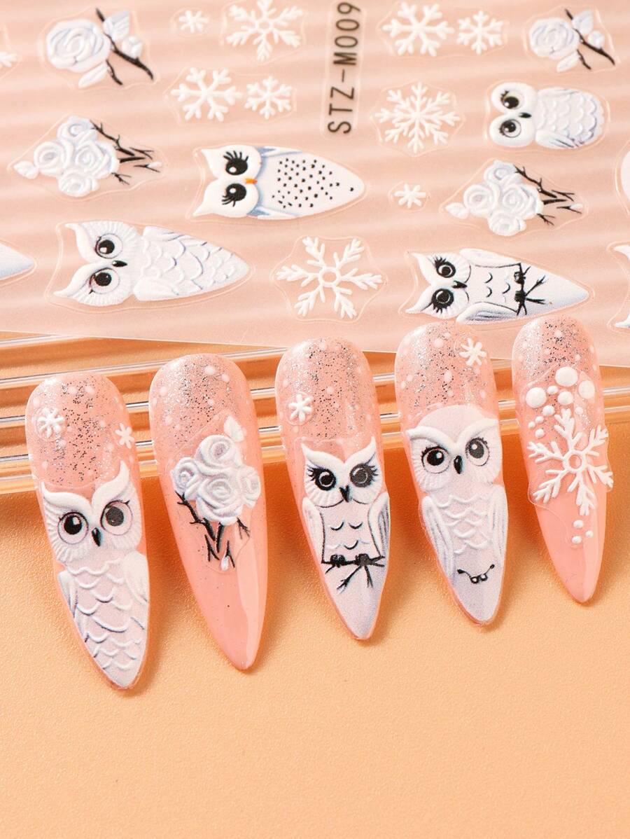 2pcs Winter Snowflake White Owl Nail Stickers Cartoon Cute Snow Flowers