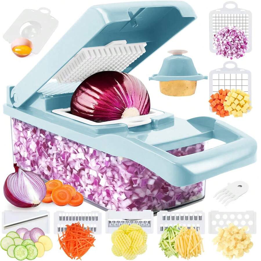 Vegetable Chopper, Artbros Veggie Chopper 13 In 1 Multifunctional Vegetable Cutter, Onion Food Chopper With Container, Cheese Grater Mandoline Slicer Dicer For Kitchen - Màu xanh lam - Xem 1