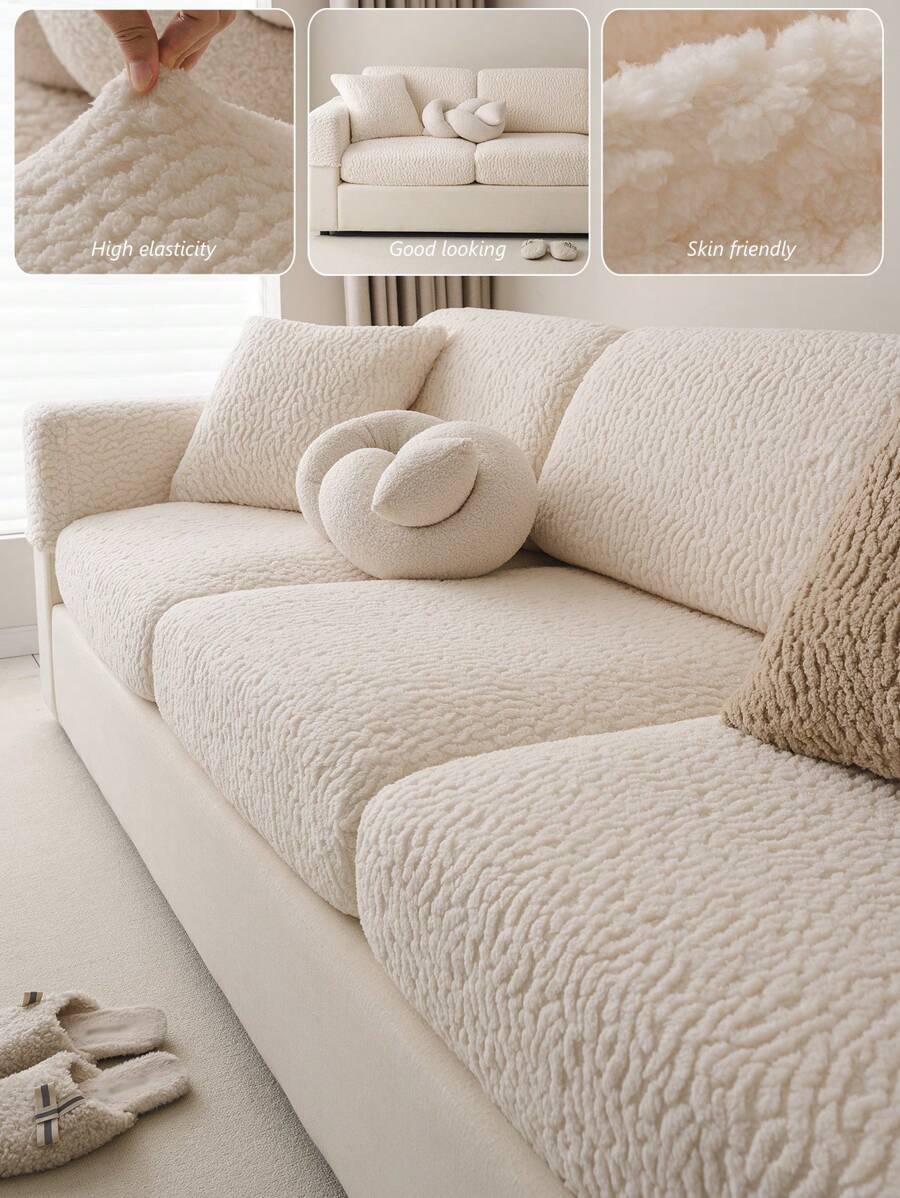 1pc Elastic Dual-Sided Plush Sofa Cover, New 2024 Autumn/Winter Thick Fleece Warm Anti-Skid Cushion, Pet Friendly - Beige - View 1