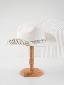 1PC Women's White Solid Color Shiny Wide-Brimmed Cowboy Hat. 2024 Wedding Essentials,Unique Luxurious Crystal Square Small Bright Diamond Colored Gemstone Paired Eye Shape With Faux Pearl Letter 'BRIDE' Bridal Hat.