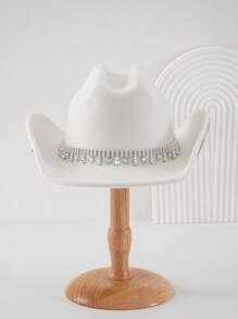 1PC Women's White Solid Color Shiny Wide-Brimmed Cowboy Hat. 2024 Wedding Essentials,Unique Luxurious Crystal Square Small Bright Diamond Colored Gemstone Paired Eye Shape With Faux Pearl Letter 'BRIDE' Bridal Hat.