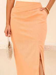 Linen Midi Skirt With Detailed Yoke, Functional Pockets And Charming Slit - 珊瑚粉 - 查看 5