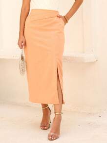 Linen Midi Skirt With Detailed Yoke, Functional Pockets And Charming Slit - 珊瑚粉 - 查看 1