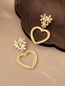 时尚优雅的空心心形和花朵耳环 - 金黃色 - 查看 3