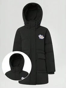 Chericom 女士和儿童卡通印花中长款可拆卸连帽羽绒服，秋冬款 - 魔力黑 - 查看 2