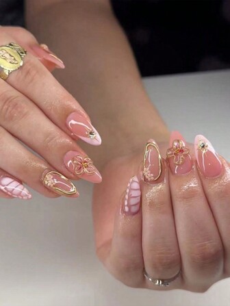 24 piezas Conjunto de uñas postizas de forma de almendra corta con flores 3D de purpurina dorada francesa - Uñas acrílicas falsas, juego de manicura desmontable de cobertura completa de larga duración que incluye 1 hoja de pegatinas adhesivas y 1 lima de uñas mini, perfecto para uso diario