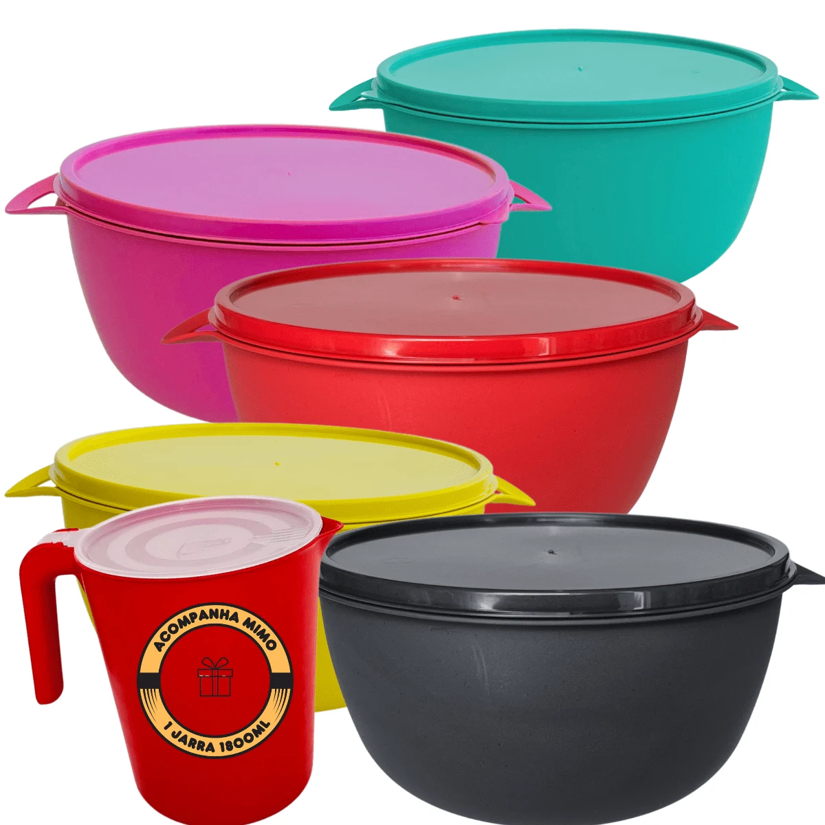 Set Of 5 Bowl Pots 1 Liter Suitable For Freezer, Microwave Mixed 5 Colors + 1 Jug 1800ml - Đỏ - Xem 1