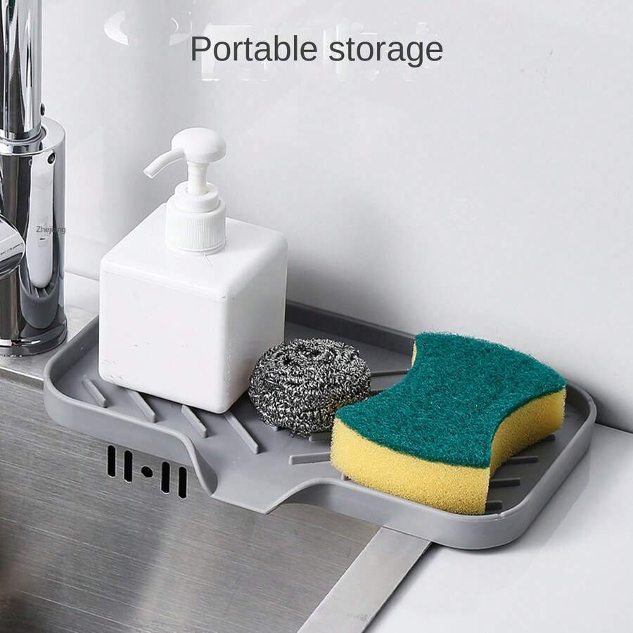 1pc Silicone Kitchen Sink Drainer Organizer Tray With Drain Spout, Soap Dish Holder For Sponge And Brushes, Countertop Scrubbing Mat, Essential Home & Bathroom Organizer - One Size - View 1