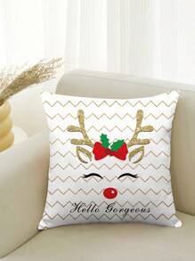圣诞元素印花枕套，复古圣诞驯鹿角装饰靠垫套，创意圣诞礼物，秋冬季长方形腰枕套，四季通用方形座垫套 - 彩色 - 查看 3