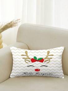 圣诞元素印花枕套，复古圣诞驯鹿角装饰靠垫套，创意圣诞礼物，秋冬季长方形腰枕套，四季通用方形座垫套 - 彩色 - 查看 4