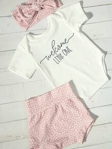 3 件套新生儿摄影道具服装 - “欢迎小宝贝”字母印花连体衣、波尔卡圆点短裤和头带套装，适合女婴、婴儿洗礼、复活节礼物，适合男孩/女孩 - 彩色 - 查看 6