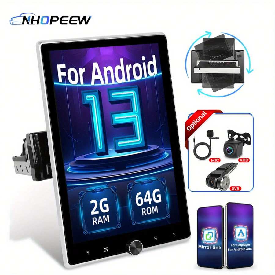 2GB+64GB For Android13.0 Single Din Car Stereo Car Radio 10.4 Inch HD Touch Screen Car Player With Wireless Carplayer& Wireless For Android Auto With Mirror Link WiFi GPS FM/ Radio Support Rear Camera With AHD Camera& DVR& MICOptional