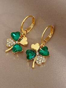 1pair Fashionable Stainless Steel Rhinestone Decor Four-leaf Clover Drop Earrings For Women For Daily Decoration