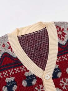 ANDREILEE 冬季男女通用圣诞雪花印花不规则线条图案长袖V领纽扣休闲宽松套头开衫毛衣 - 紅色 - 查看 3