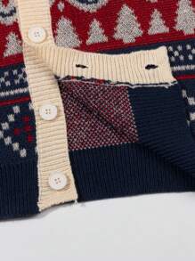 ANDREILEE 冬季男女通用圣诞雪花印花不规则线条图案长袖V领纽扣休闲宽松套头开衫毛衣 - 紅色 - 查看 6